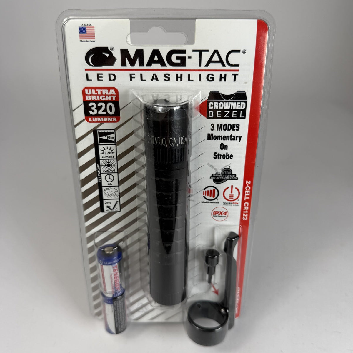 LED Tactical Flashlight 320 Lumens Black 2-Cell CR123 Waterproof Handheld