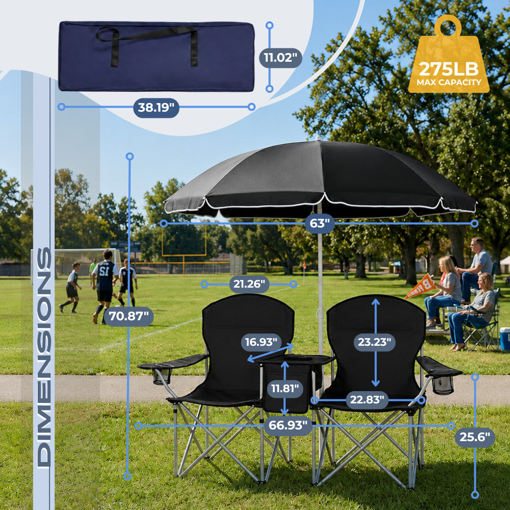 Portable 2-Person Folding Picnic Chair with Umbrella Cooler and Cup Holders