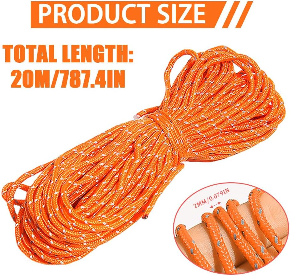 Reflective Dyneema Paracord Rope 65Ft for Camping Tents and Outdoor Use - Orange