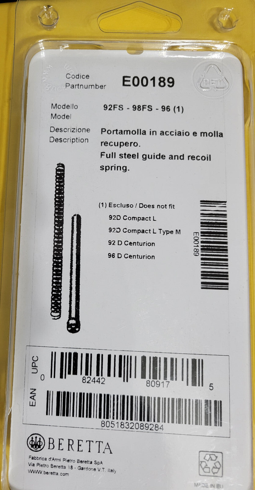 Beretta 92/96 Recoil Spring Guide Rod & Spring Gold Finish - Solid Steel