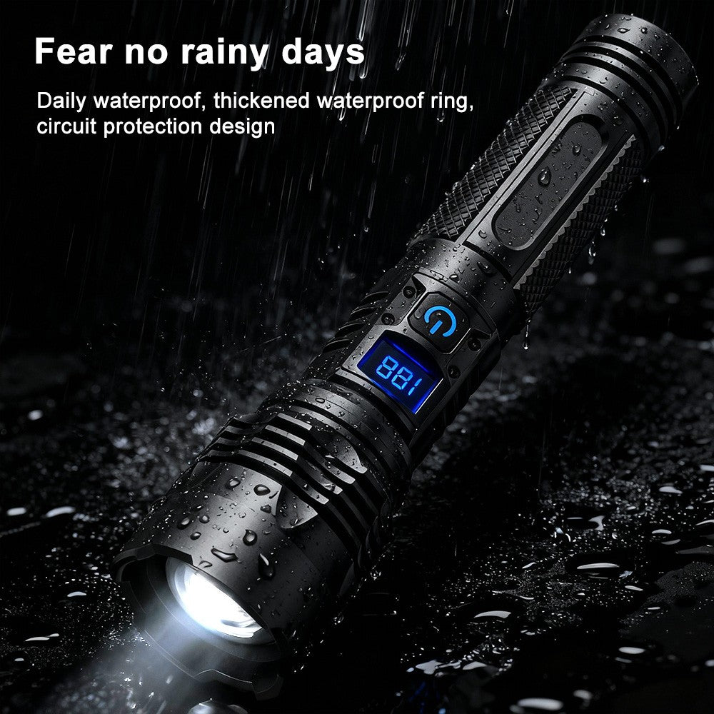 Rechargeable LED Tactical Flashlight with Zoom & Power Display - 20W, 500m Range