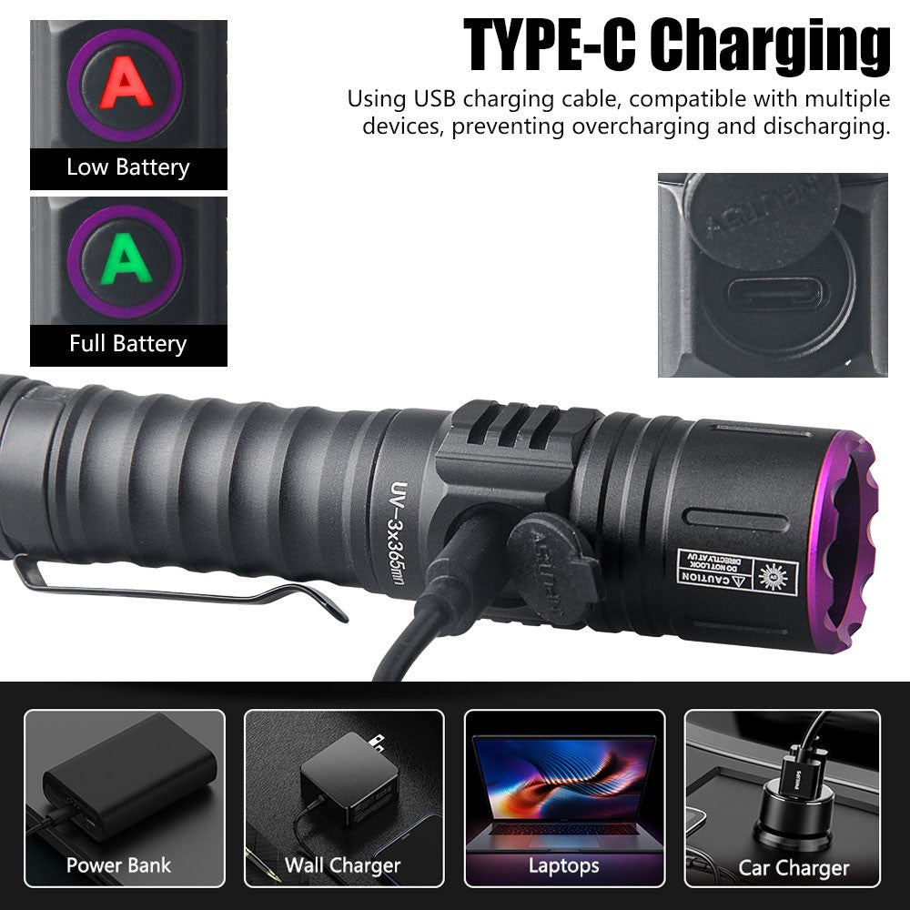 15W UV LED Flashlight Blacklight with USB-C Charging Inspection Torch
