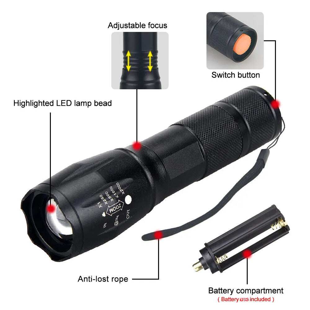 2-in-1 Tactical LED Hunting Flashlight with Zoomable Torch, Red/White Light