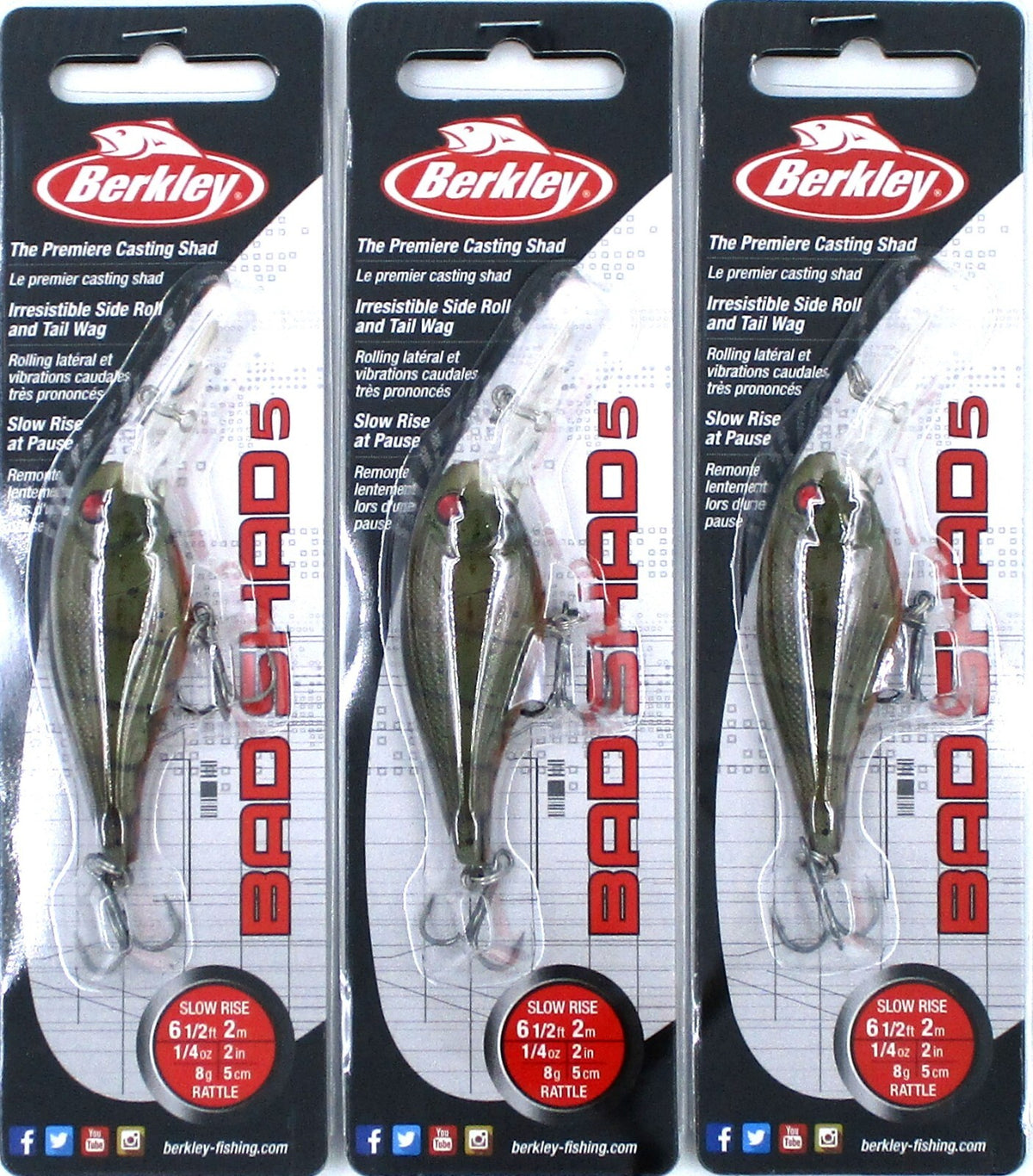 Berkley 1/4 Oz 2-Inch Bad Shad Rattle Crankbaits Moss Craw - 3 Pack