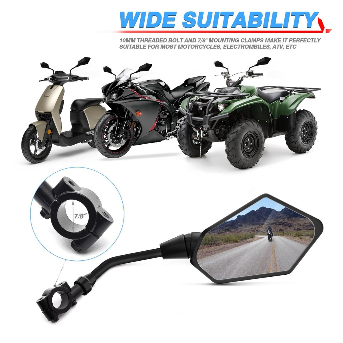 Universal 7/8" Handlebar End Rearview Mirror for Motorcycle Side View