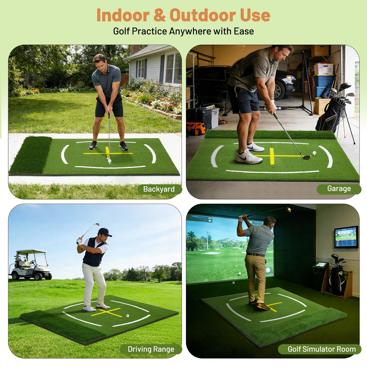 Golf Hitting Mat 5x4ft Dual-Turf Practice Mat with 6 Tees - Indoor Outdoor Training