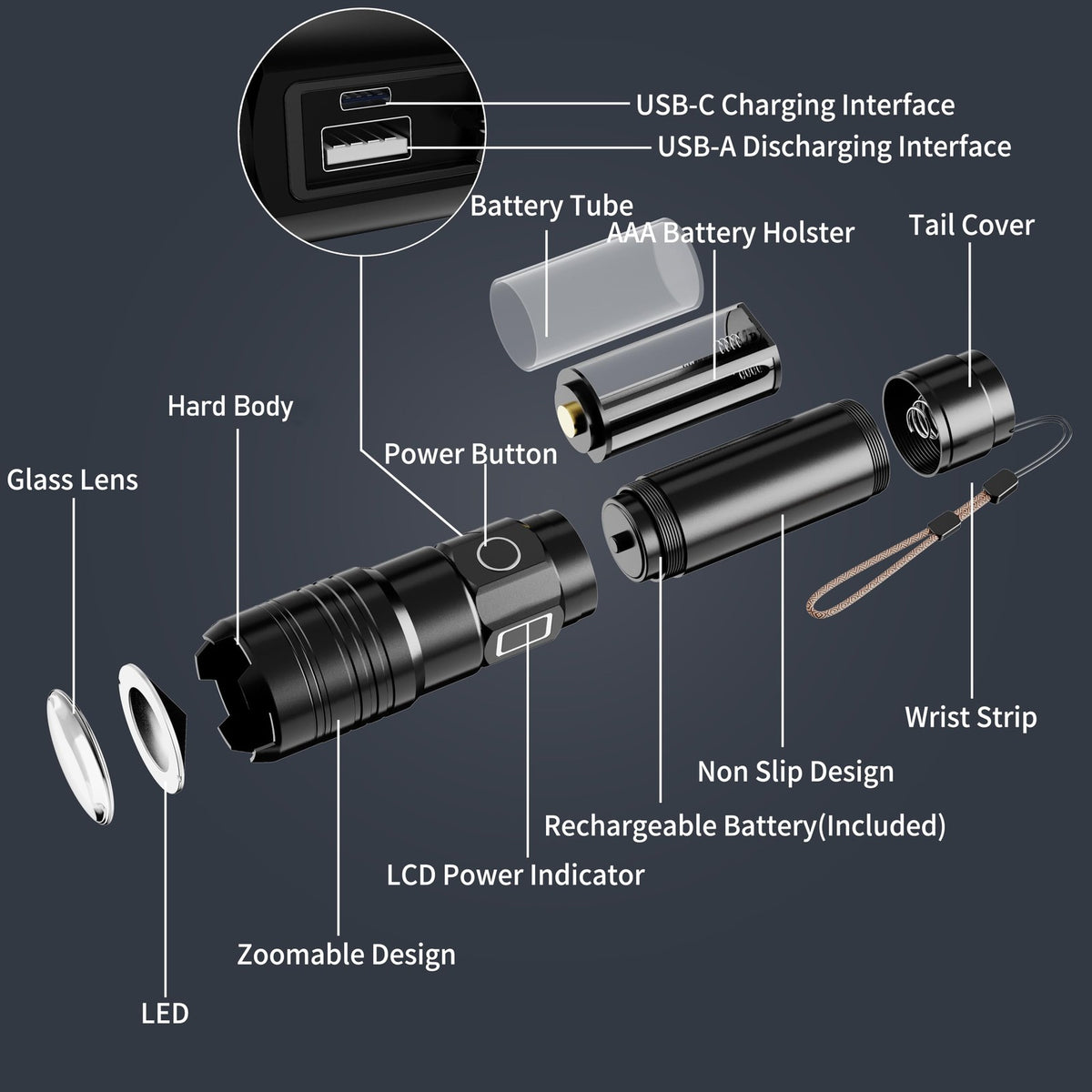 Rechargeable LED Flashlight with Zoom Focus Waterproof Camping Light