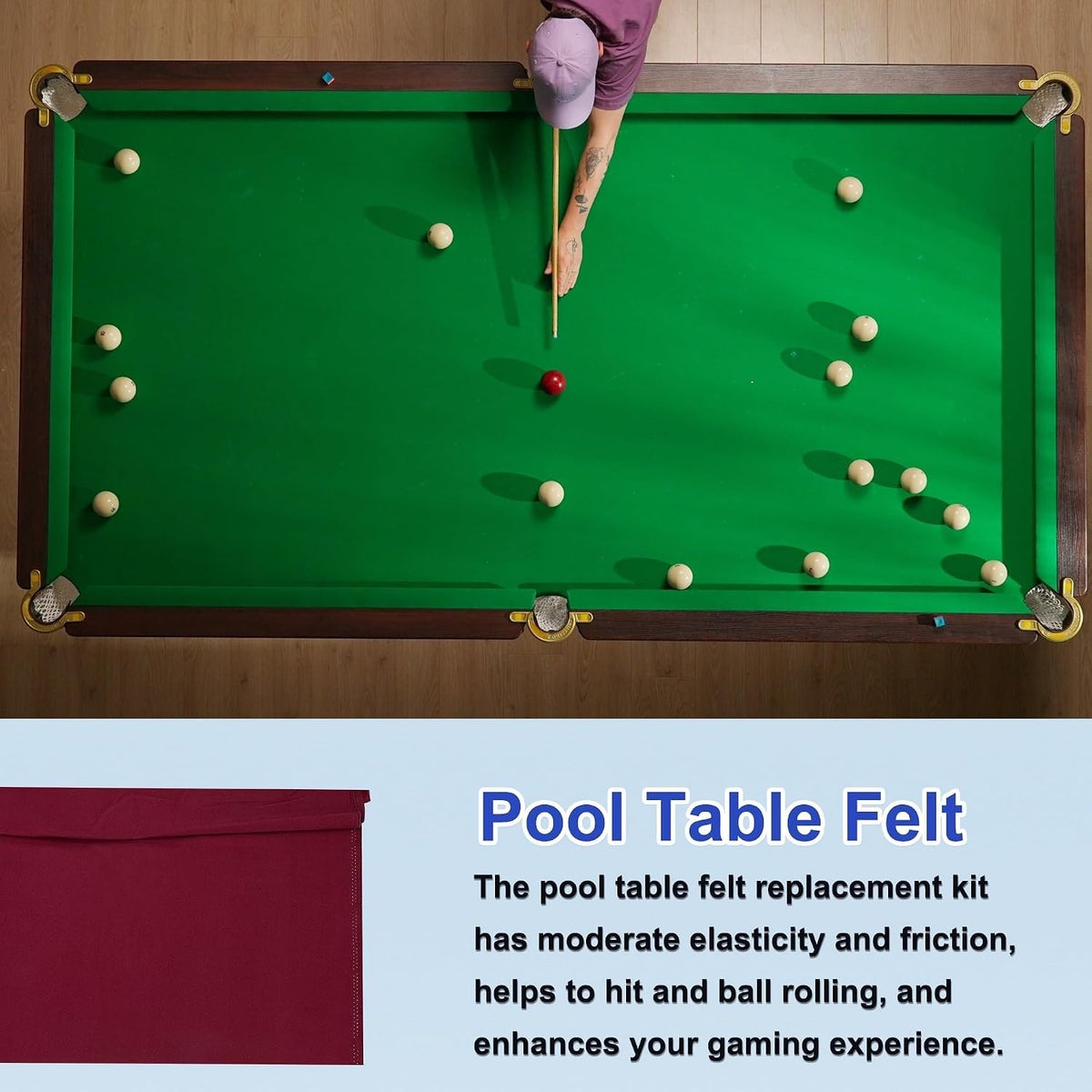 8ft Red Pool Table Felt Replacement Kit for Indoor Use