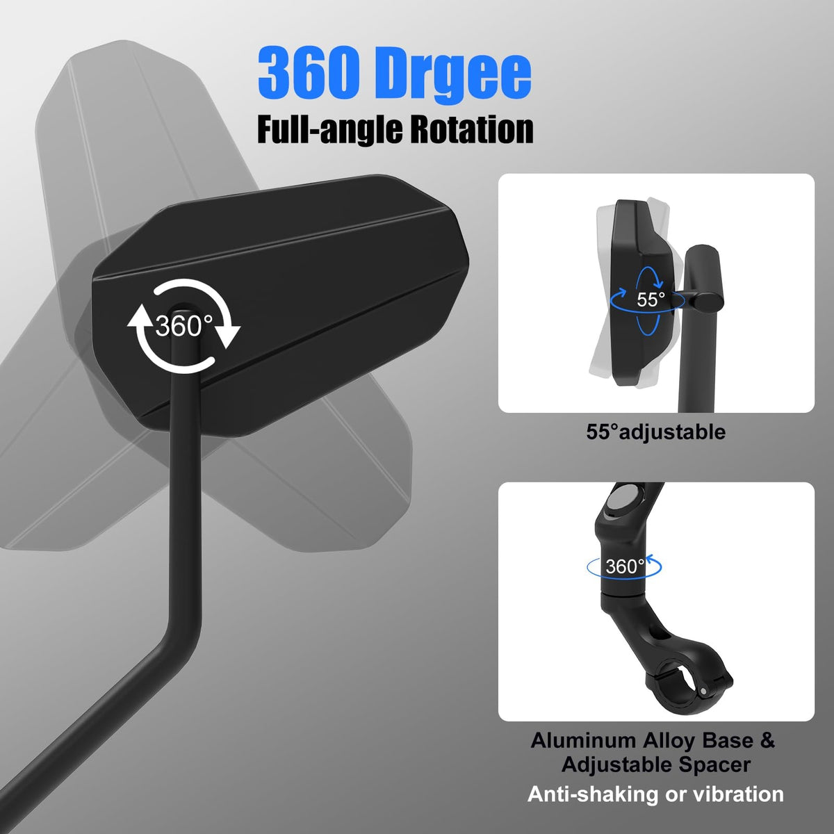 HD Wide Angle Bicycle Rearview Mirror with Long Arm - 360° Adjustable Handlebar Mirror for Mountain Road Electric Bikes