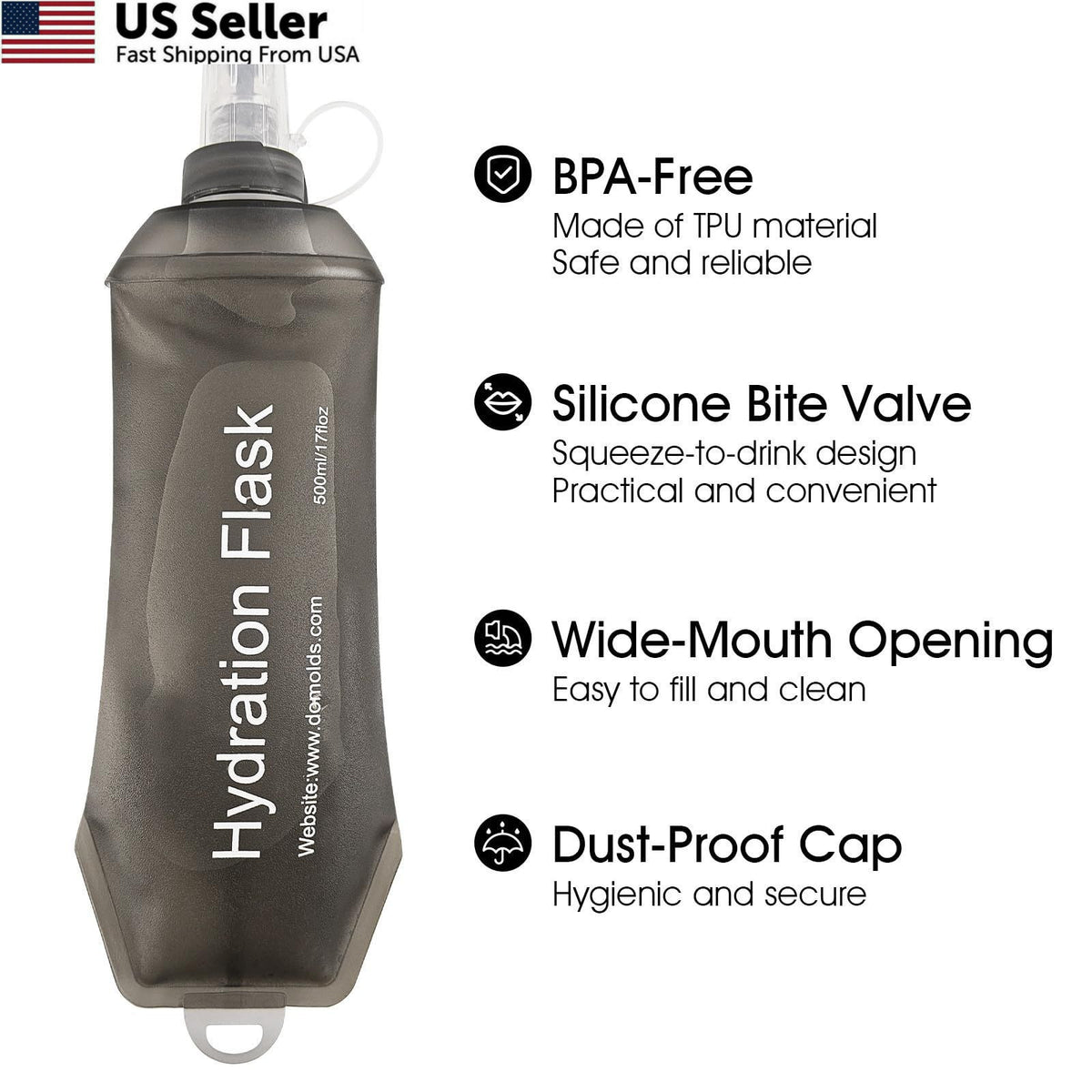 Collapsible Water Bottle 8.5oz Squeezable Soft Flask for Hiking & Running