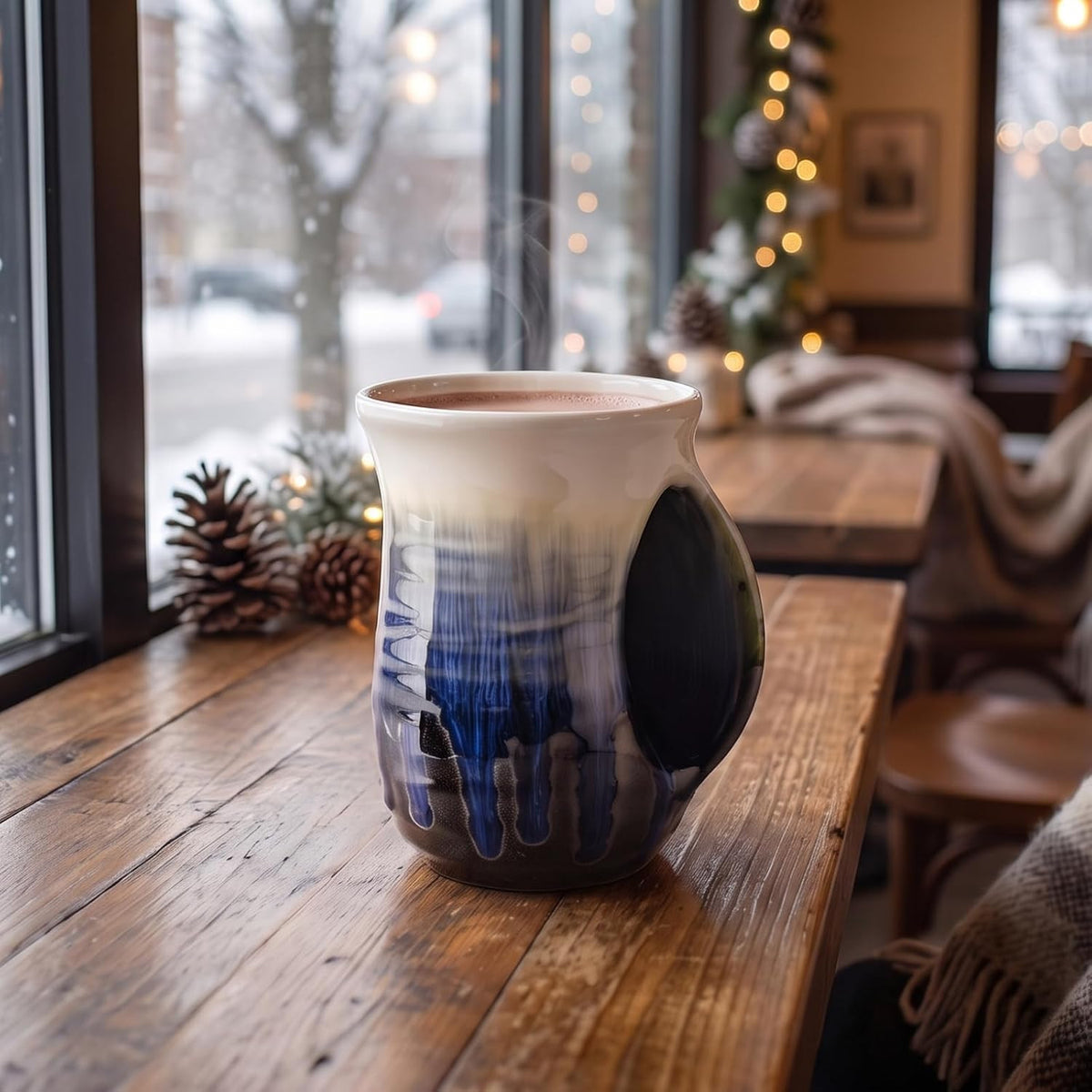 Ceramic Hand Warmer Mug with Hand-Painted Ocean Blue Finish - Contoured Pocket for Warmth