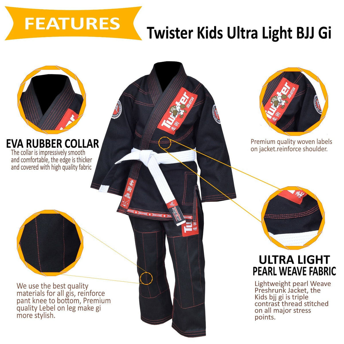 Kids Jiu Jitsu Gi Ultra Light Youth Martial Arts Uniform with Free Bag & Belt