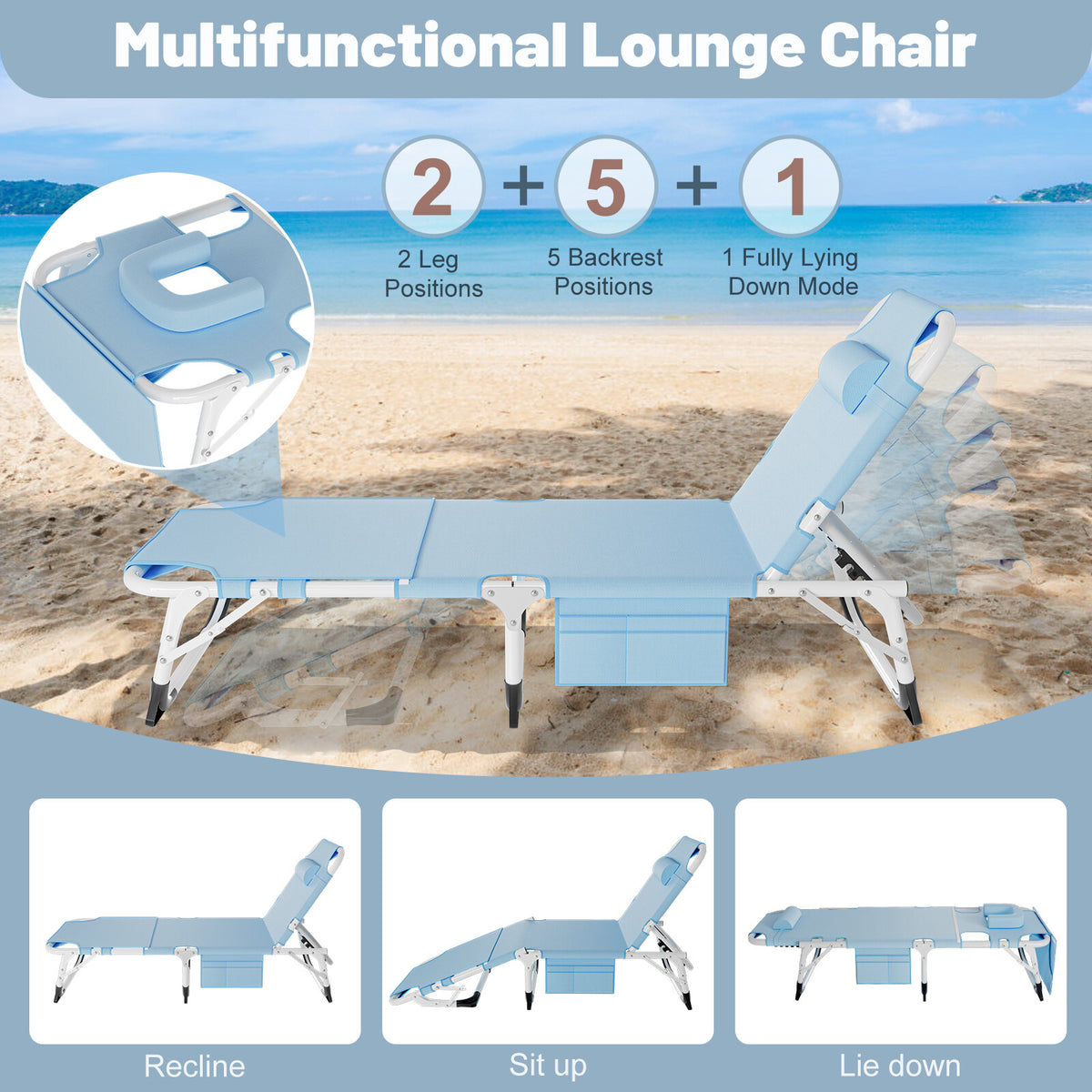 Heavy Duty Tanning Chair with Face Hole - Adjustable Folding Outdoor Lounge Bed
