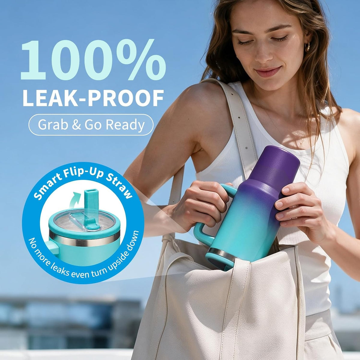 Insulated 40 Oz Water Bottle with Handle Flip Straw Leak-Proof & Cup Boot