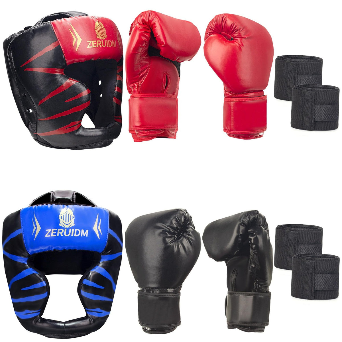 8-Piece Boxing Gloves Set with Headgear and Hand Wraps - PU Leather, Black & Red