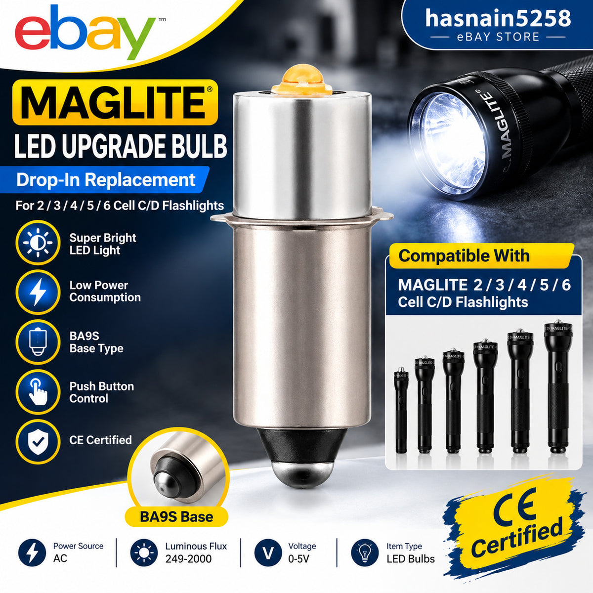LED Upgrade Bulb for MAGLITE Flashlights - Bright Drop-In Replacement, BA9S Base