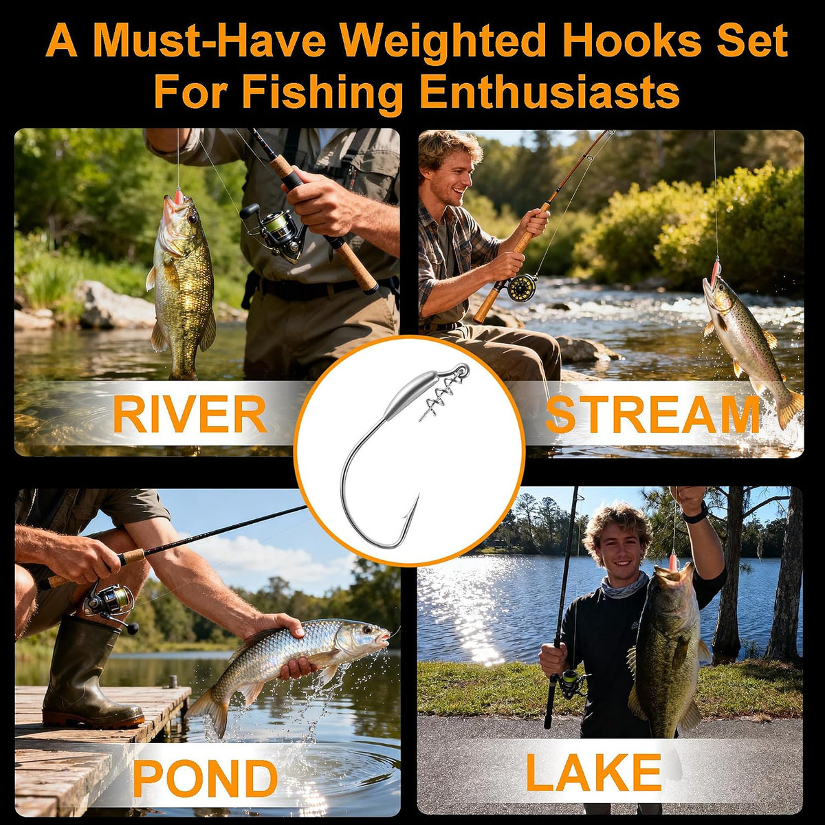 Weighted Fishing Hooks Set 24 Pcs with Screw Lock Weedless for Soft Baits