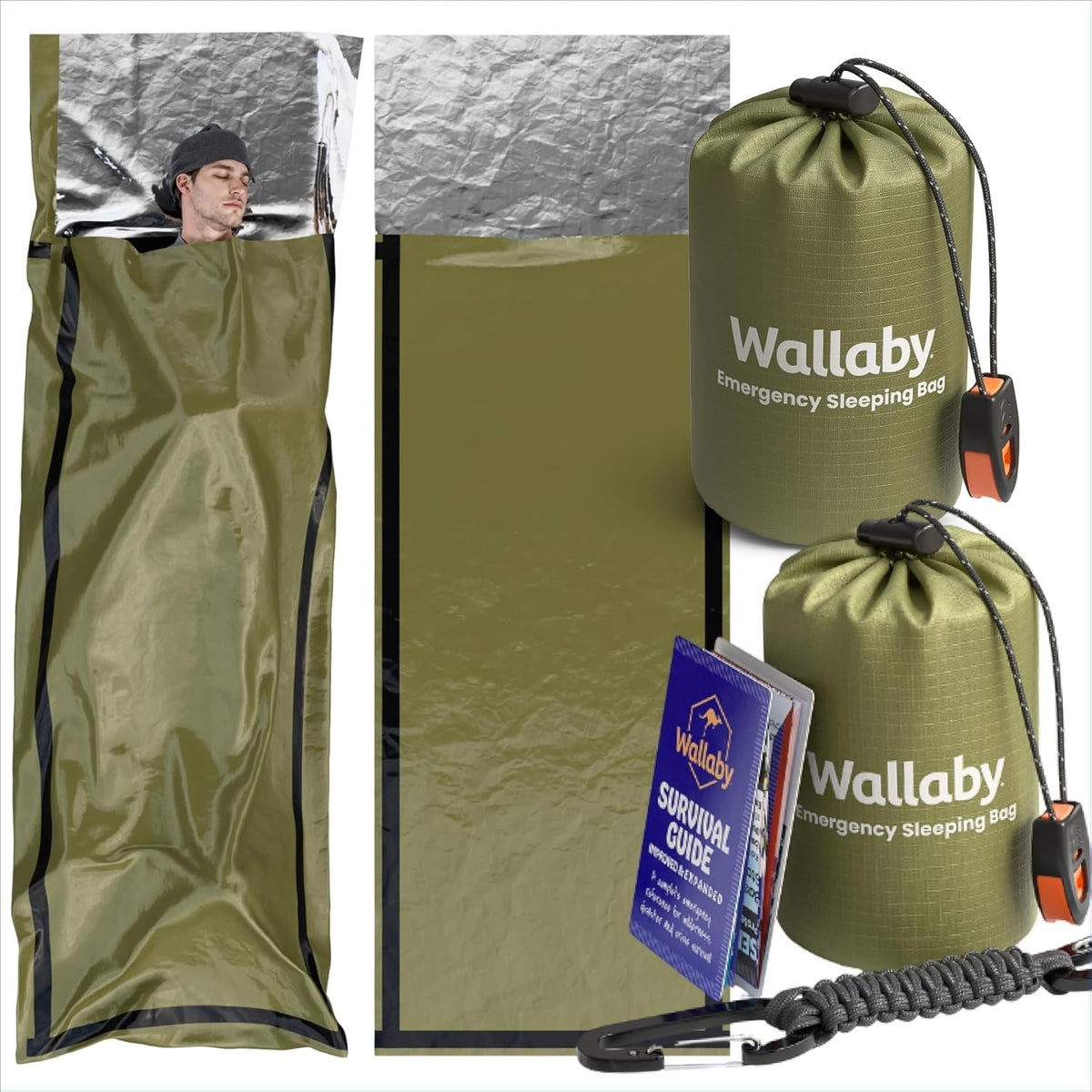 2-Pack Emergency Mylar Sleeping Bags with Whistle & Carabiner – Survival Blanket Set