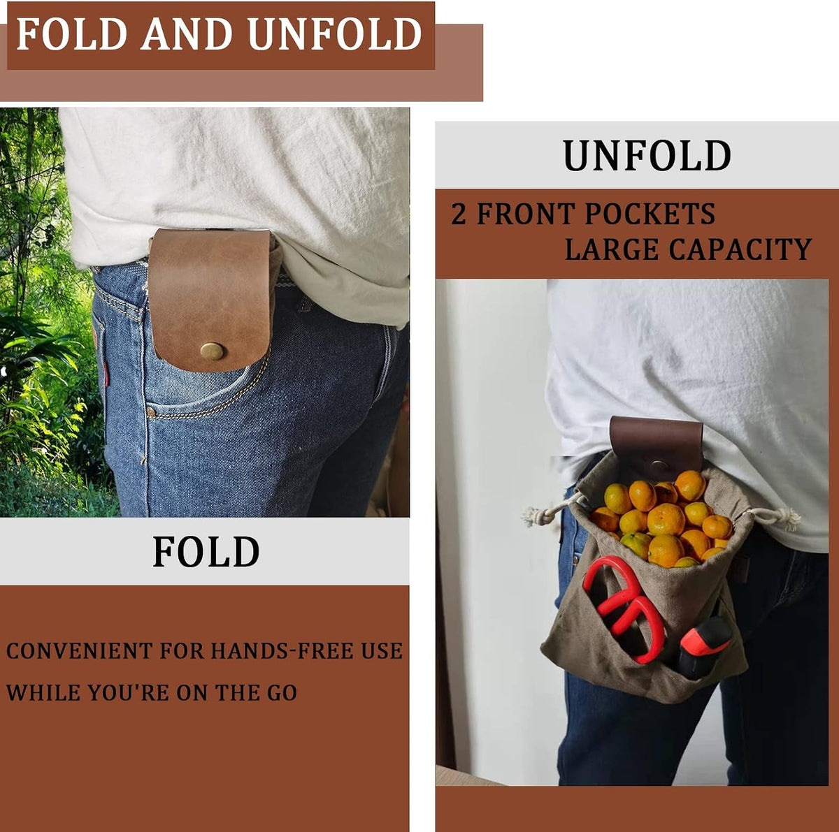 Water-Resistant Canvas Foraging Pouch with Leather Handles, Collapsible Bag for Mushrooms & Outdoor Activities