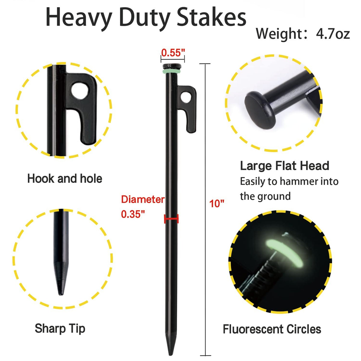 Heavy Duty Tent Stakes with Hammer - 10 Inch Steel Stakes for Camping (12 Pack)