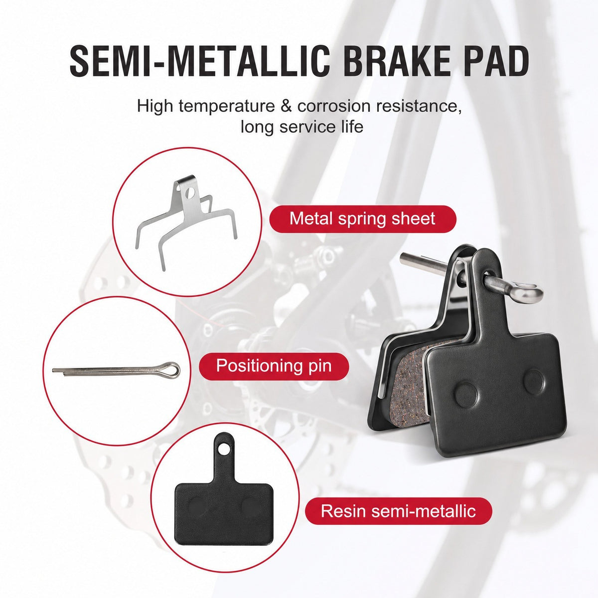 MTB Disc Brake Pads Set 4 Pairs Resin & Semi-Metallic Quiet Bike Replacement