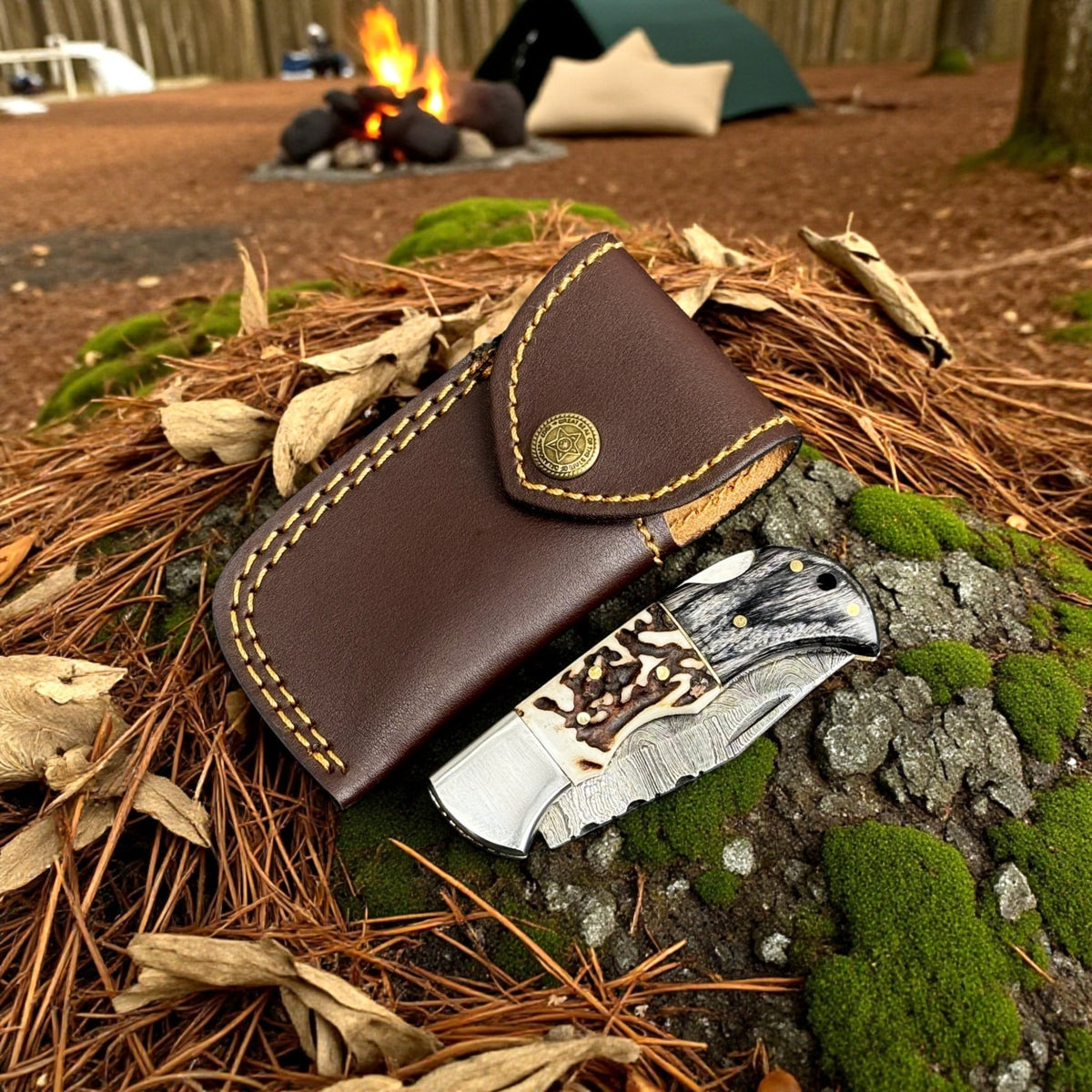 Custom Damascus Folding Knife with Stag Horn & Pakkawood Handle