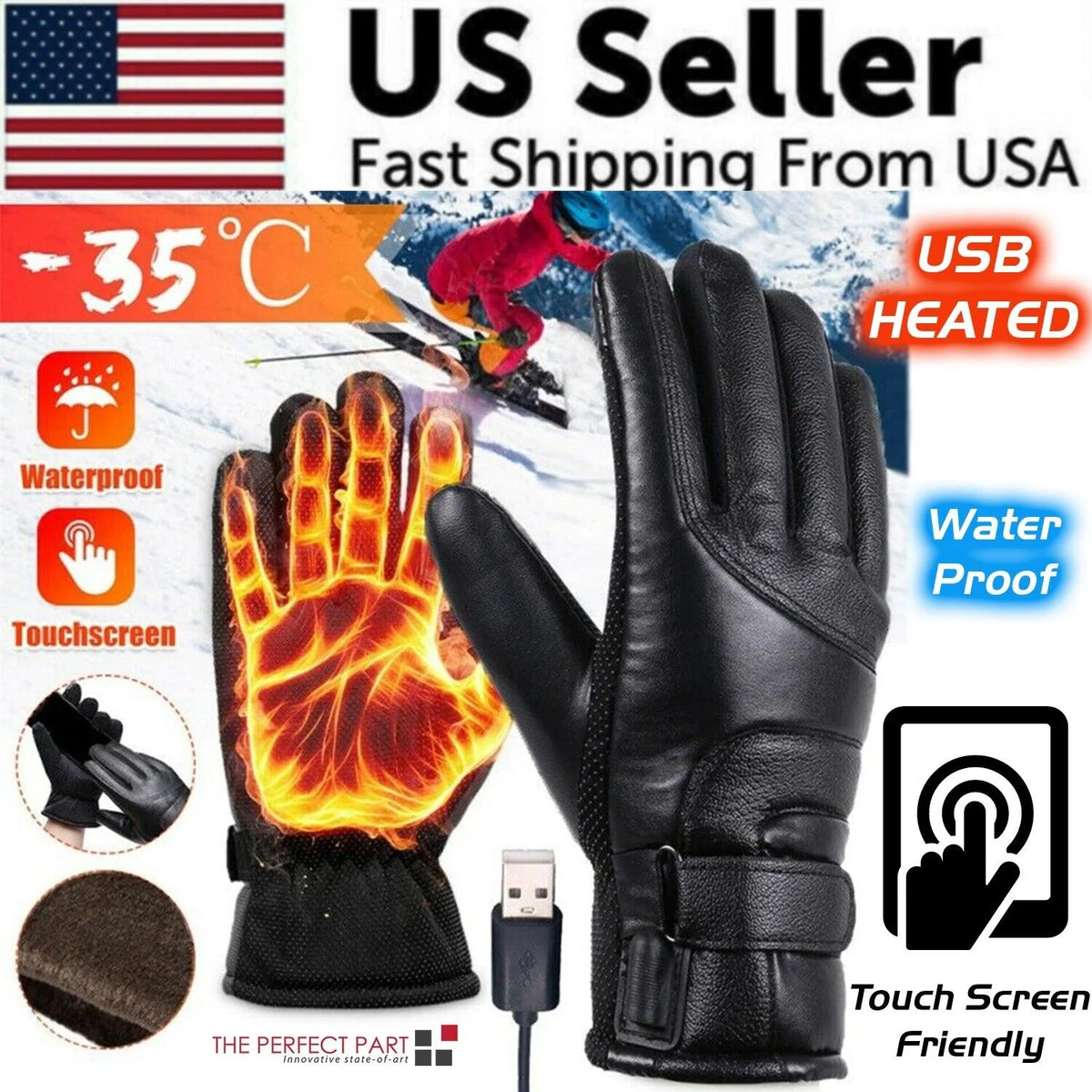 USB Heated Gloves Winter Hand Warmer Thermal Waterproof Ski Gloves