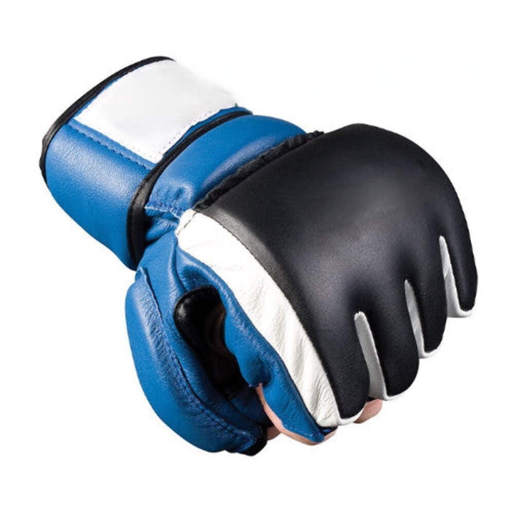 Genuine Leather MMA Gloves for Sparring - Open Palm Safety Fighting Gloves Blue
