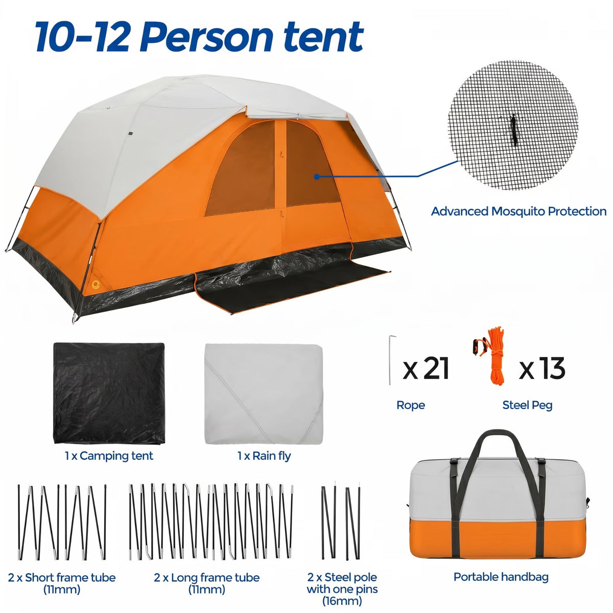 10-12 Person Camping Tent with Rainfly and Screen - Easy Setup, All-Weather Waterproof