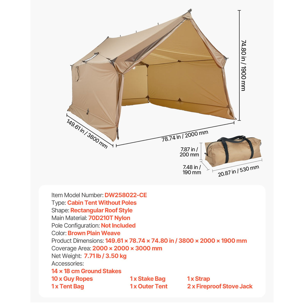 Portable Camping Hot Tent with Stove Jack for 2-3 Persons, Waterproof Cabin Shelter