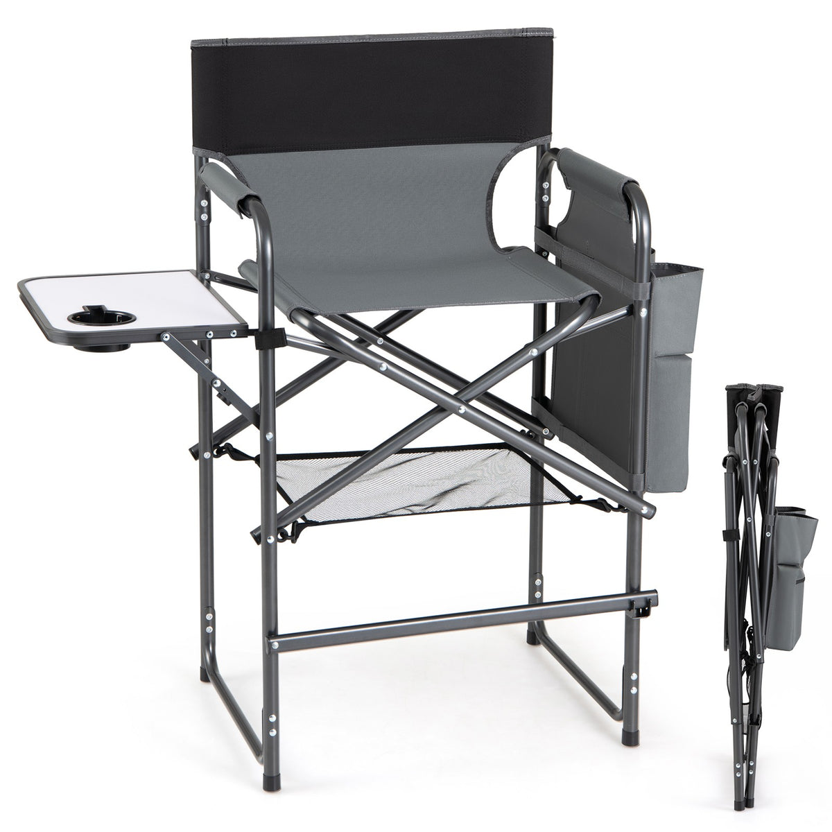 26-Inch Folding Tall Director Chair with Side Table & Cup Holders