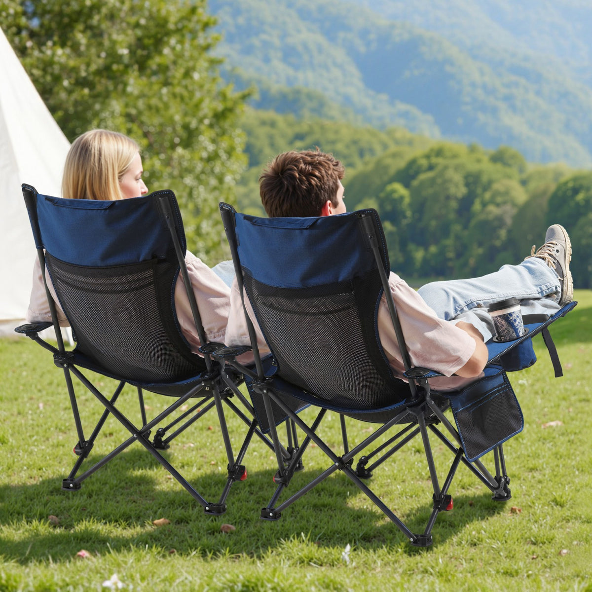 Heavy-Duty Portable Folding Camping Chair with Recline and Footrest - Blue
