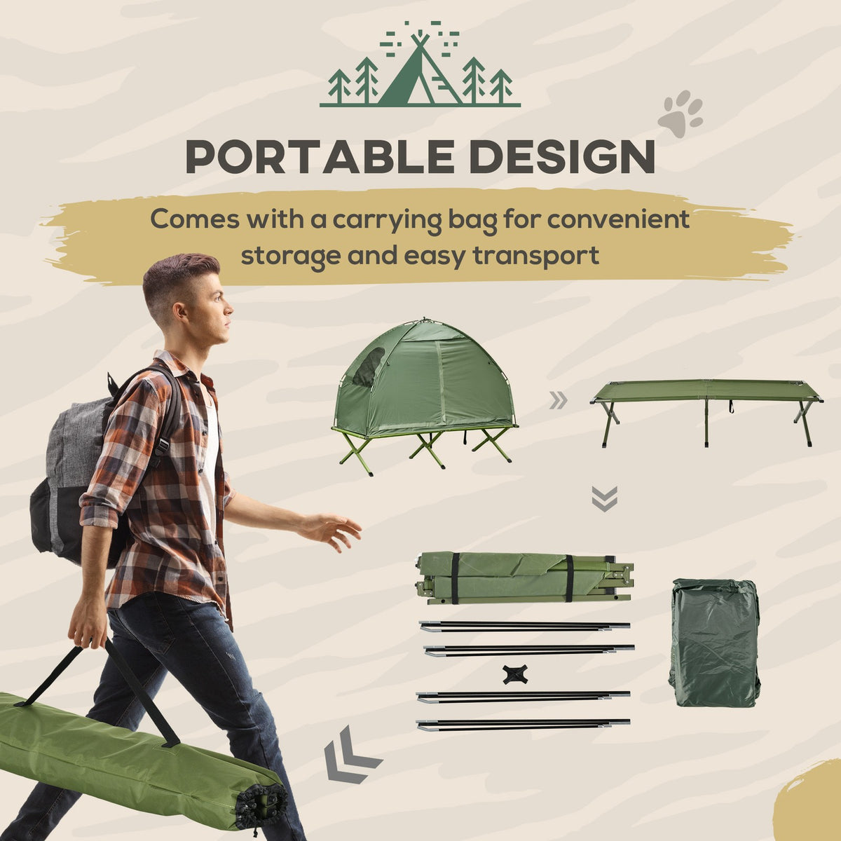 Single Person Camping Tent Cot Combo - Portable Foldable Tent and Cot in Green