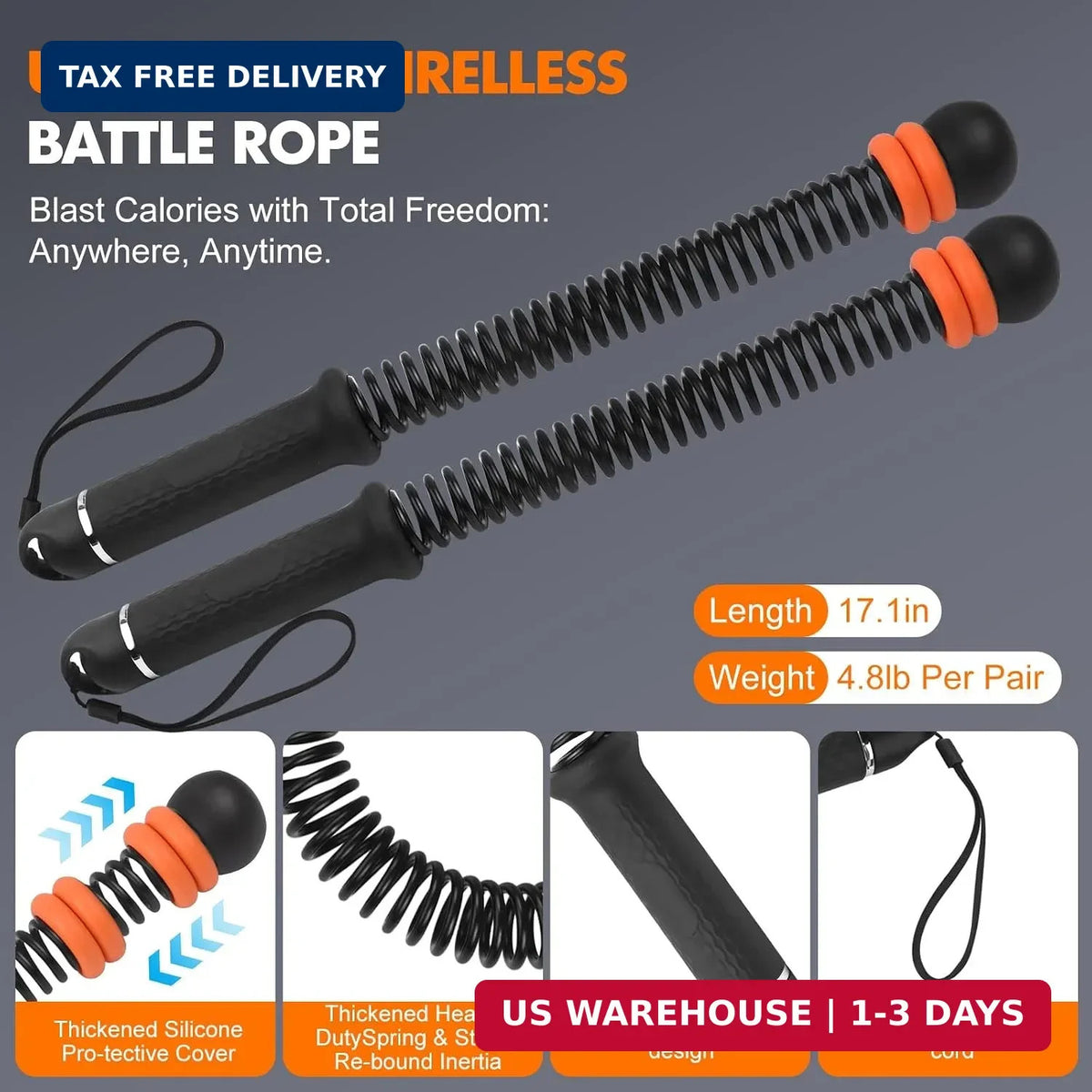Adjustable Weighted Battle Ropes for Home Gym HIIT Workout - Cordless Fitness Rope