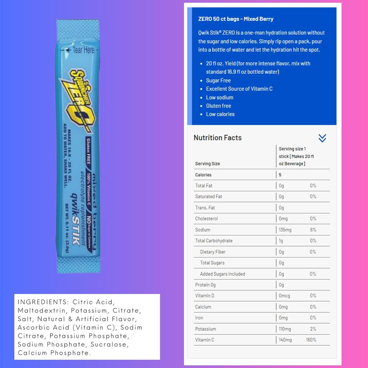 Sugar-Free Electrolyte Powder Pack for Sports Hydration, 50 Sticks