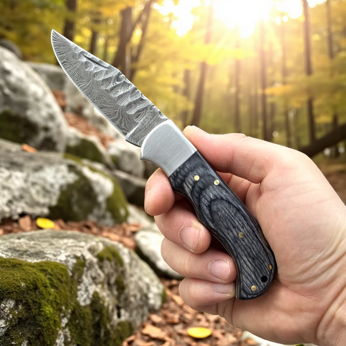 Handmade Damascus Folding Knife with Carved Pattern Blade and Wood Handle