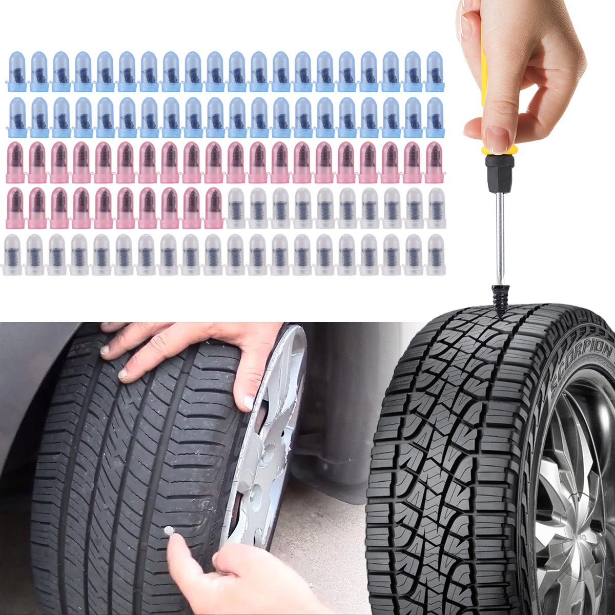 100Pcs Tire Repair Kit with Rubber Nails & Screwdriver for Puncture Repair