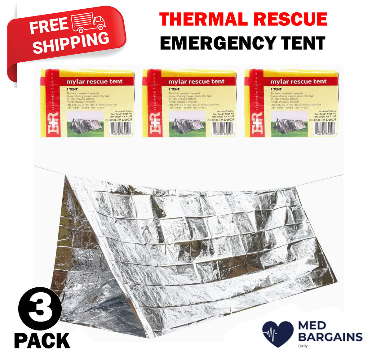 Emergency Mylar Survival Tent 95x61 Inches Pack of 3 - Insulating Weatherproof Shelter