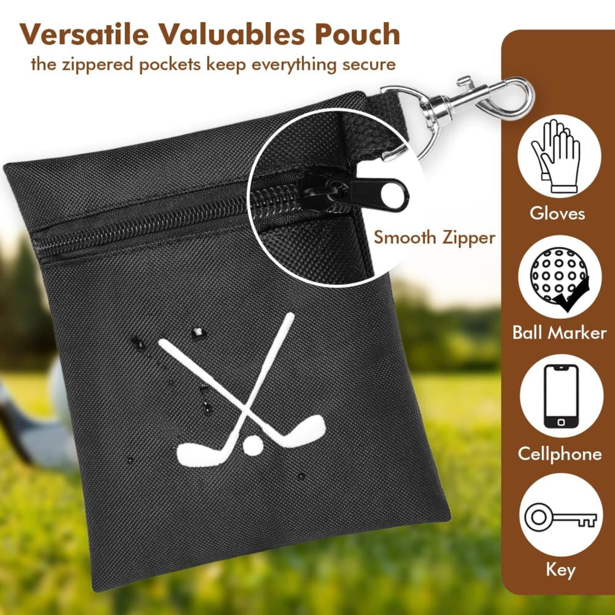 Golf Accessory Pouch Waterproof Ball & Tee Organizer with Swivel Clip