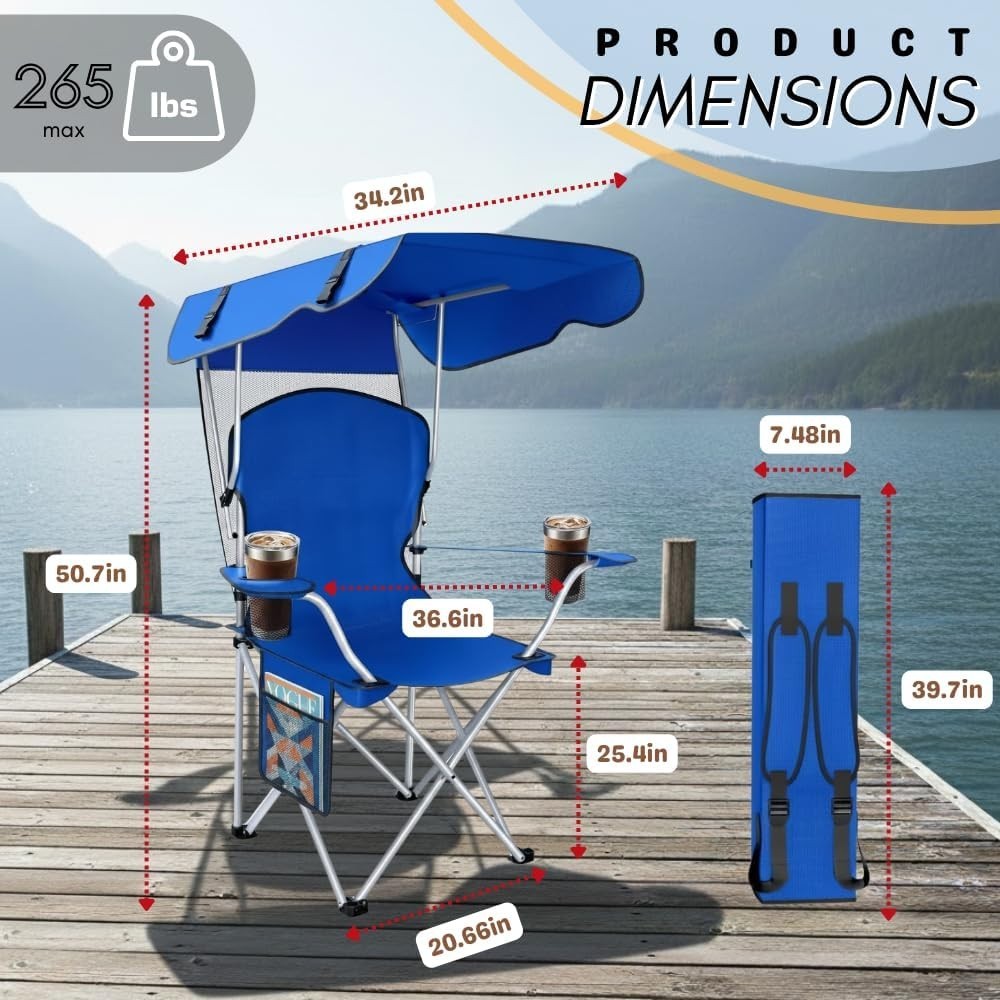 Portable Camping Chair with Canopy Sun Shade and Carrying Straps