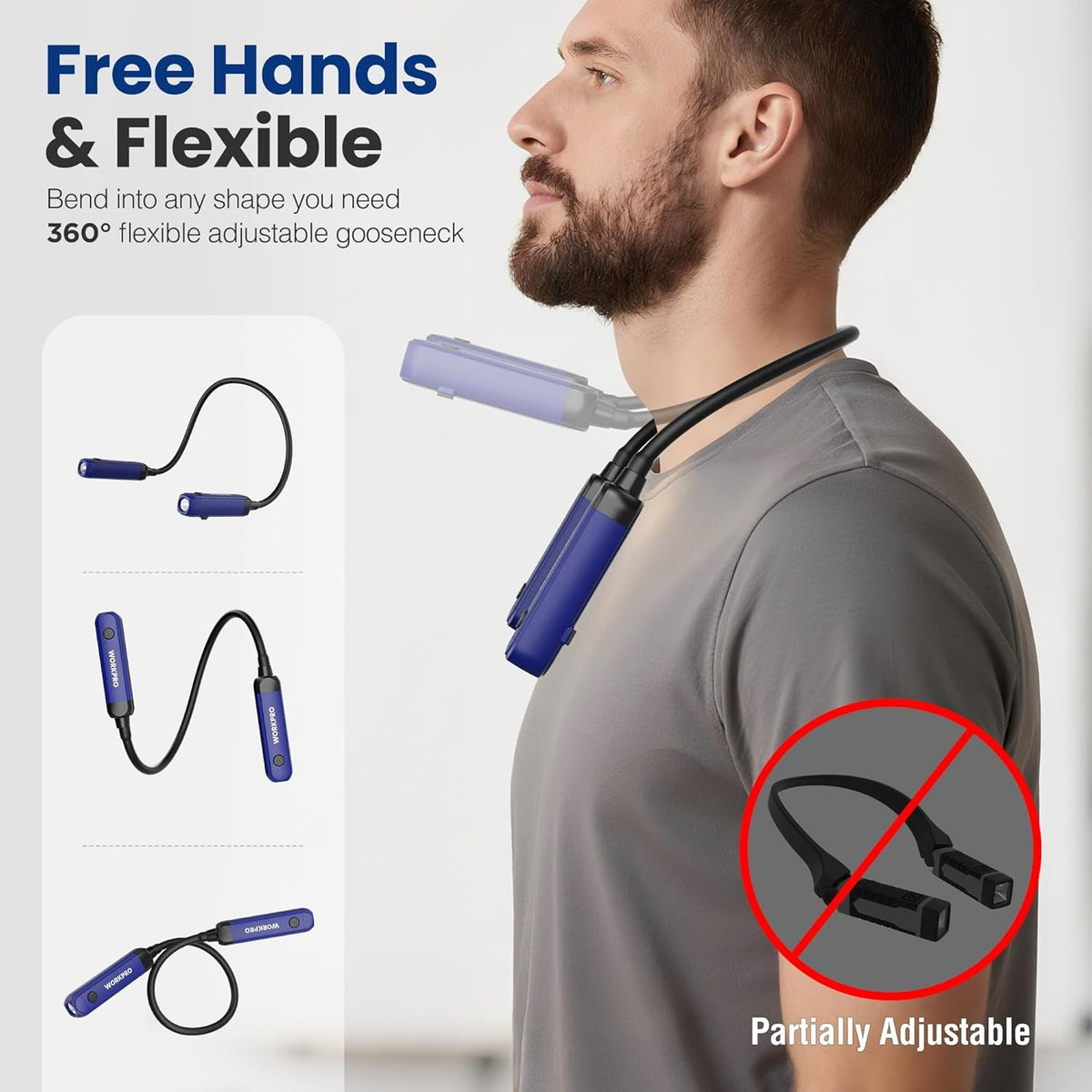 Rechargeable Neck Light with 3 Brightness Levels, Hands-Free, Bendable Arm