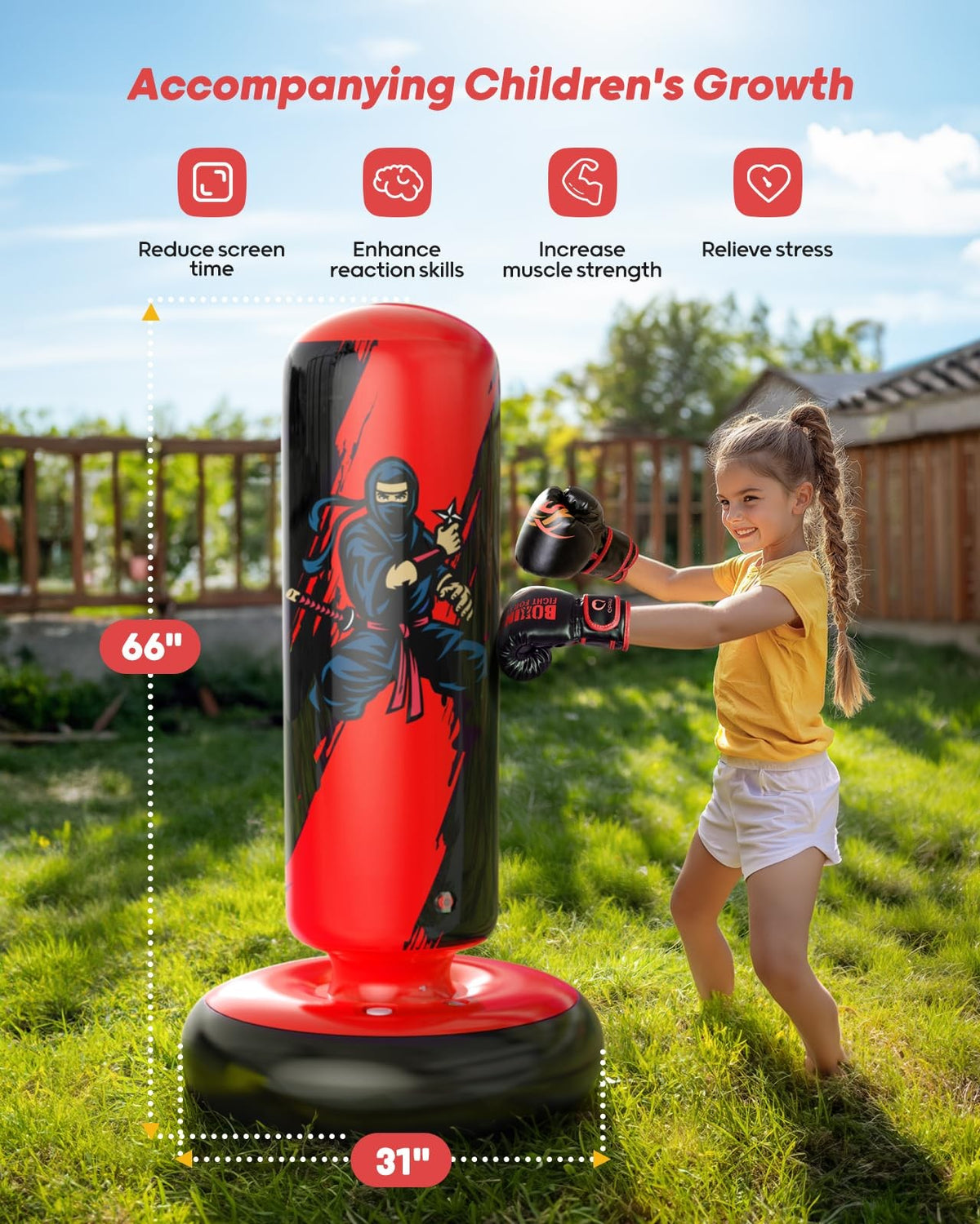 Kids Inflatable Punching Bag with Boxing Gloves - 66 inches Red