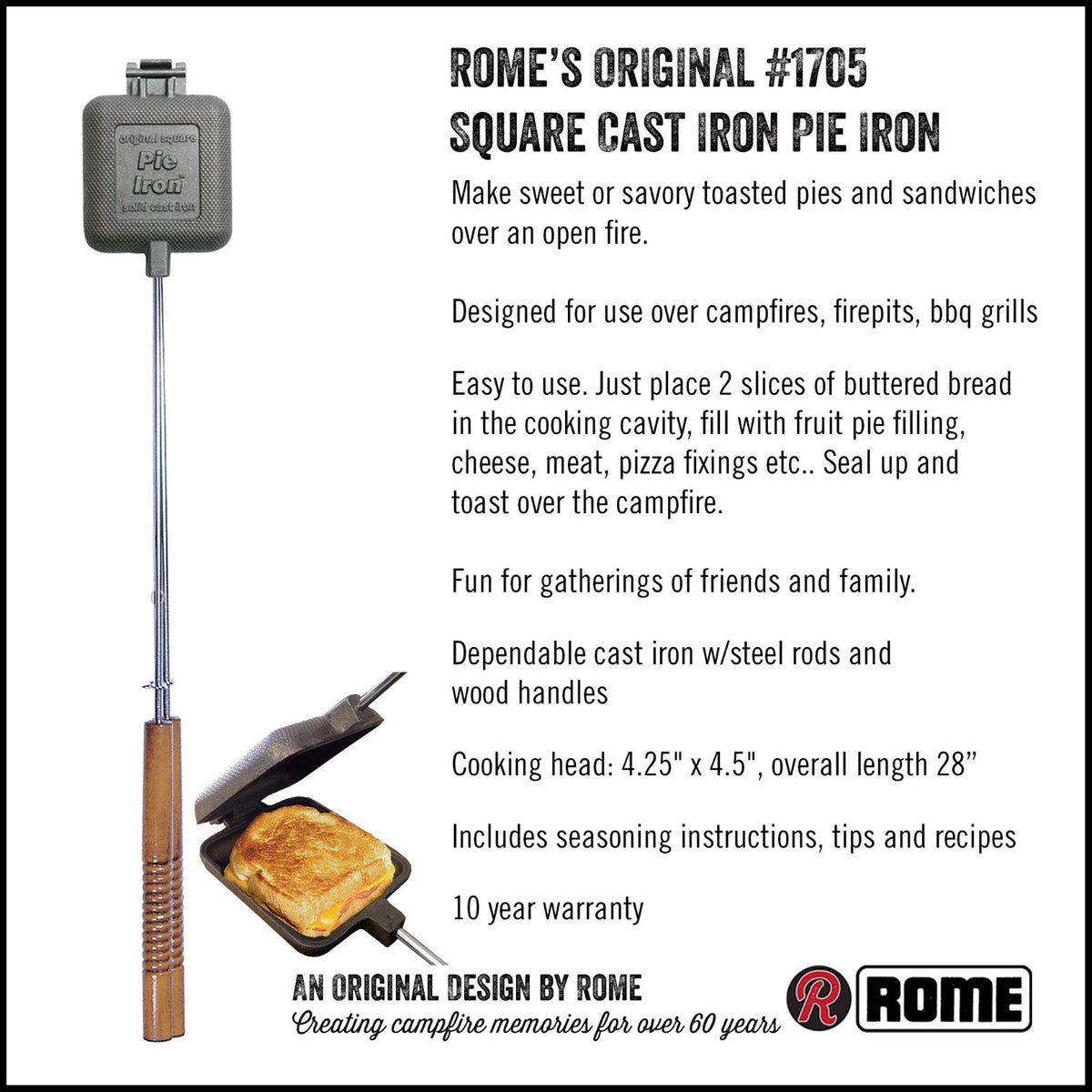 Cast Iron Campfire Sandwich Maker - Square Pie Iron for Toasted Pies