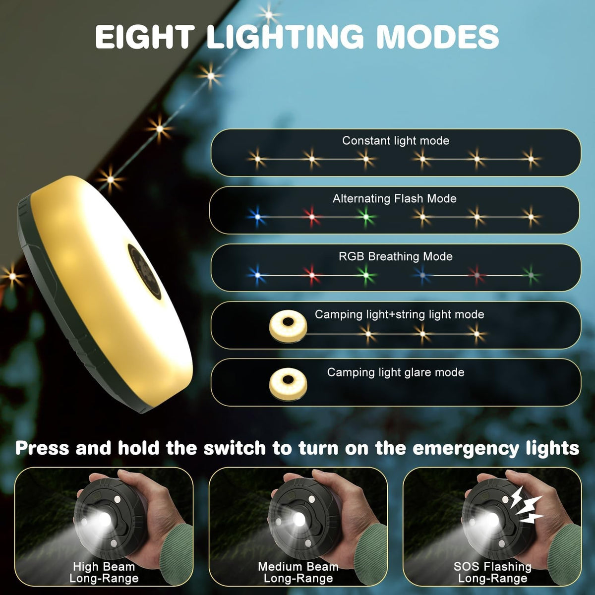 Rechargeable LED Camping String Lights with RGB & Warm Light - 33ft, Portable Tent & Garden Decor