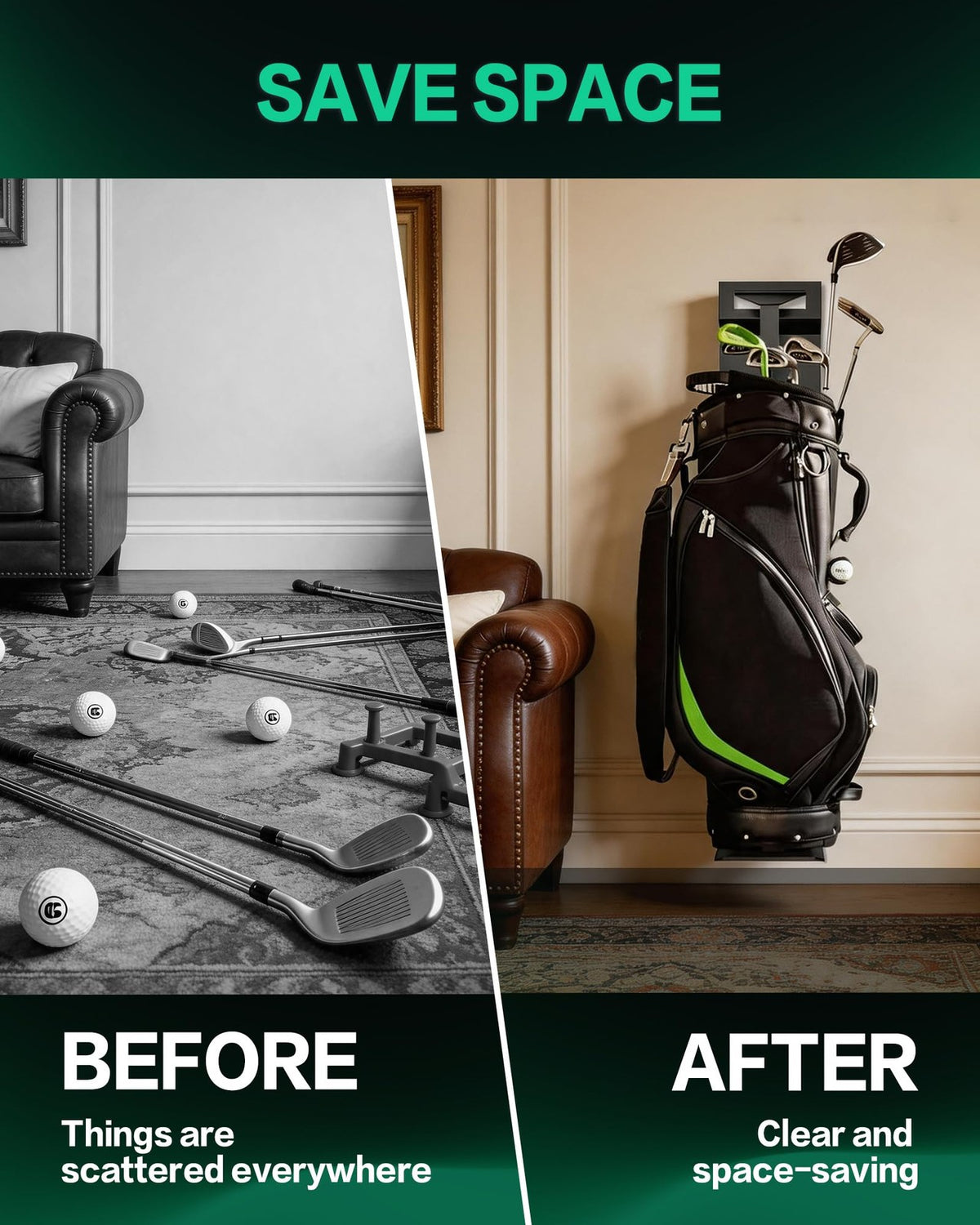 Wall Mount Golf Bag Storage Holder for Garage - Heavy Duty Carbon Steel, Adjustable, Space Saving