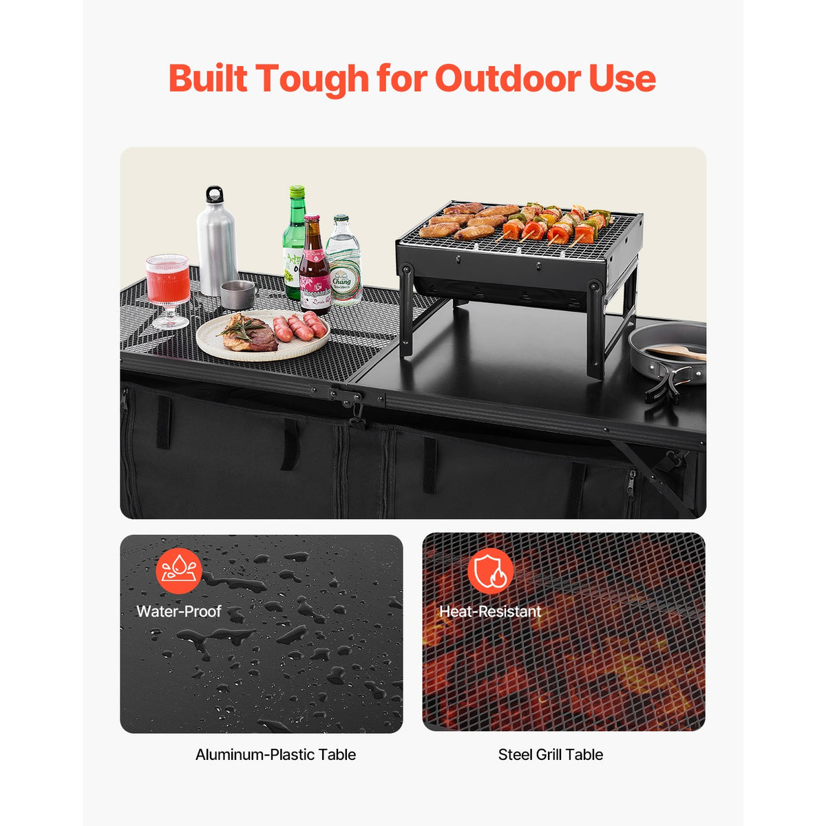 Portable Camping Kitchen Table with Adjustable Height and Storage