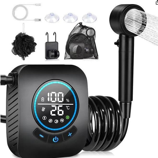 Portable Camping Shower with Rechargeable Pump, 5-Speed Adjustable Water Flow, USB-C Battery, Outdoor Use