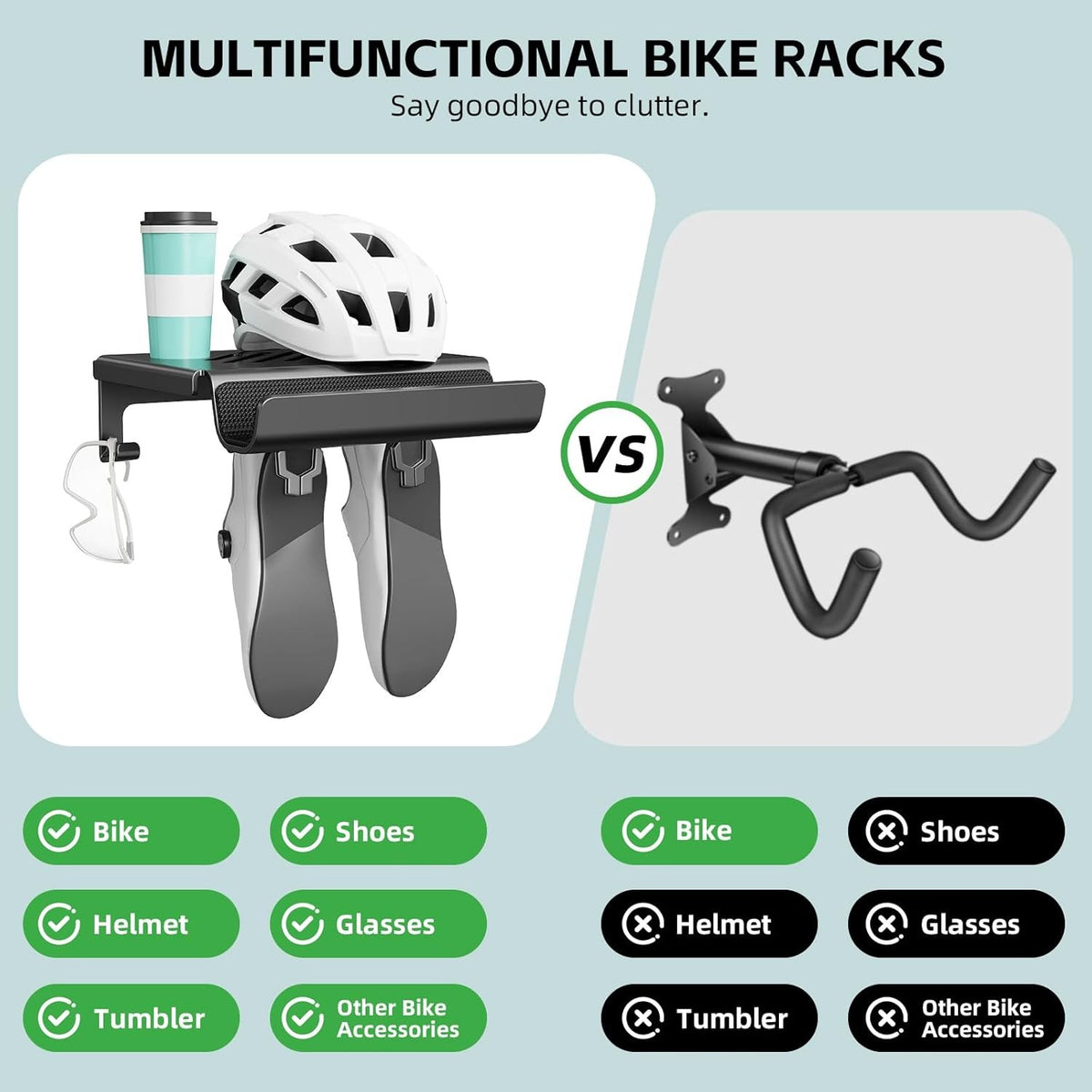 Wall Mount Bike Rack with Shelf Hooks - Space-Saving Bicycle Storage for Garage