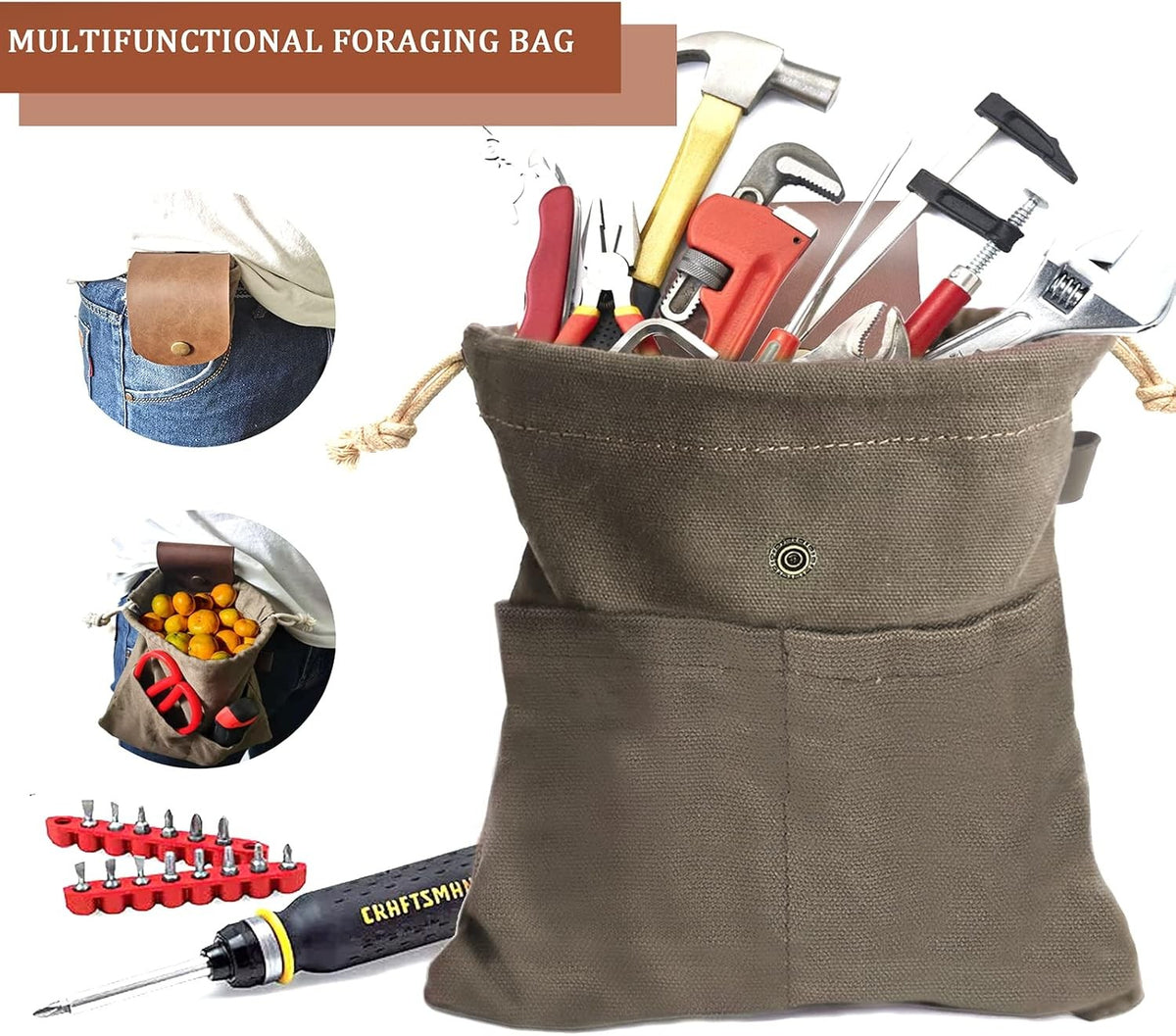 Water-Resistant Canvas Foraging Pouch with Leather Handles, Collapsible Bag for Mushrooms & Outdoor Activities