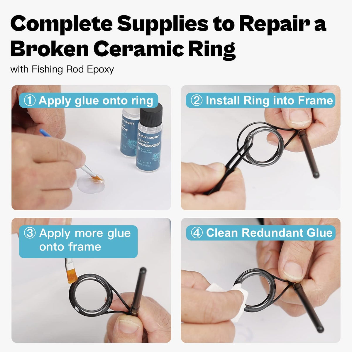 Fishing Rod Repair Kit with Ceramic Eyelet Inserts - 52 Rings & Epoxy Glue